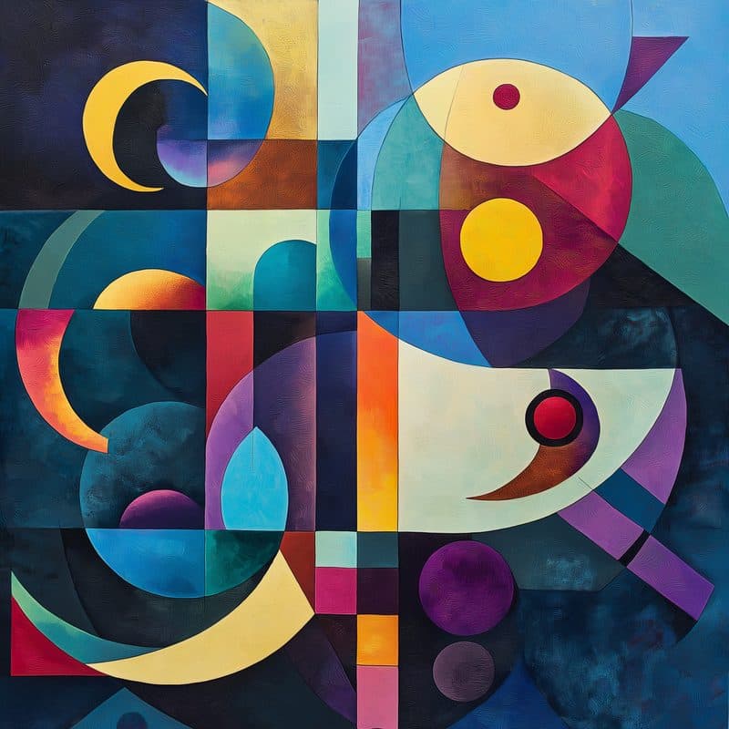 Armonía Geométrica Vibrante — azul noche, amarillo y magenta