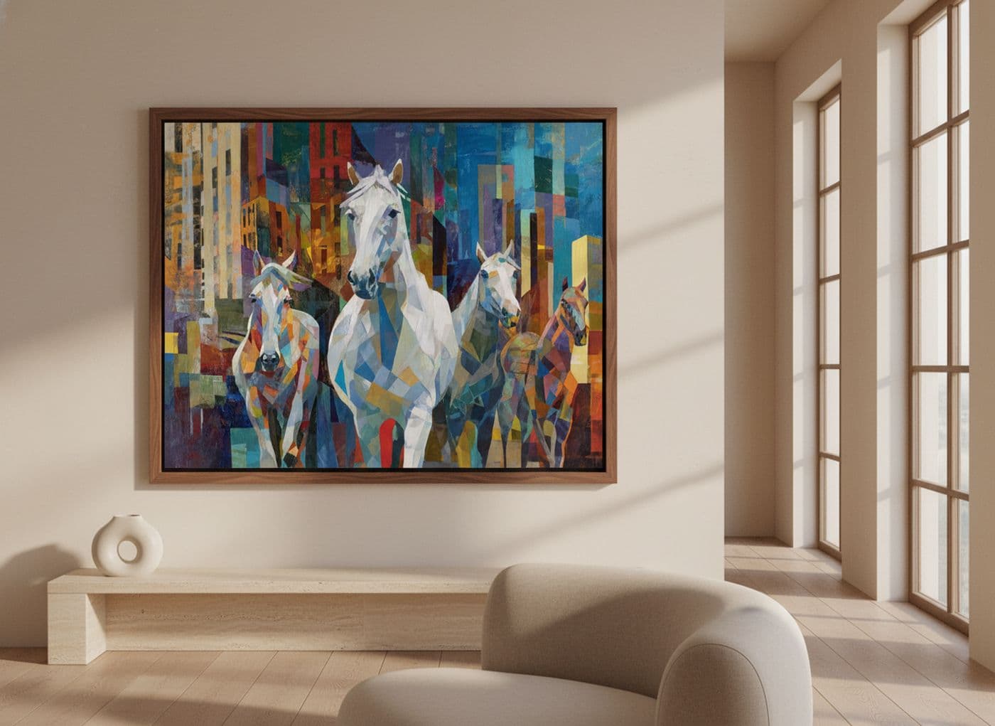 Caballos Cubistas en Metrópolis, formato apaisado 100 x 75 cm