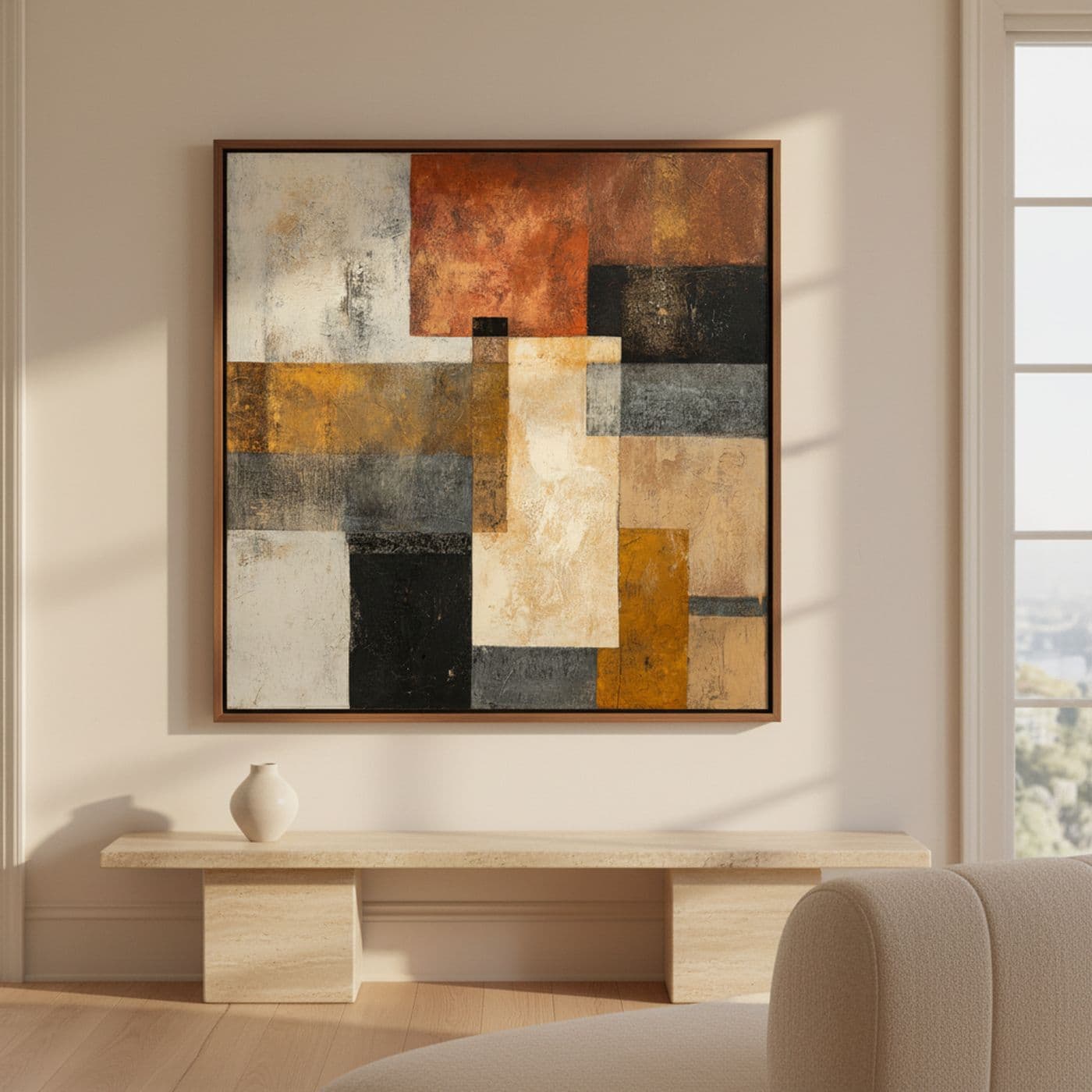 Diálogo de Bloques Terracota, 100 x 100 cm, sobre pared clara