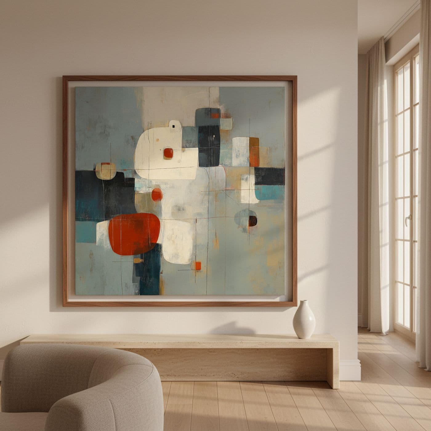 Ecos de Tierra y Marfil, 100 x 100 cm, colgada en un salón
